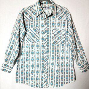 Diamond A Ranchwear Mens Long Sleeve Shirt Sz L Pearl Snaps Blue Orange White